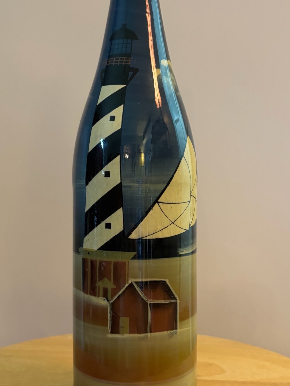 Blue and Yellow Lighthouse Glass Bottle Art